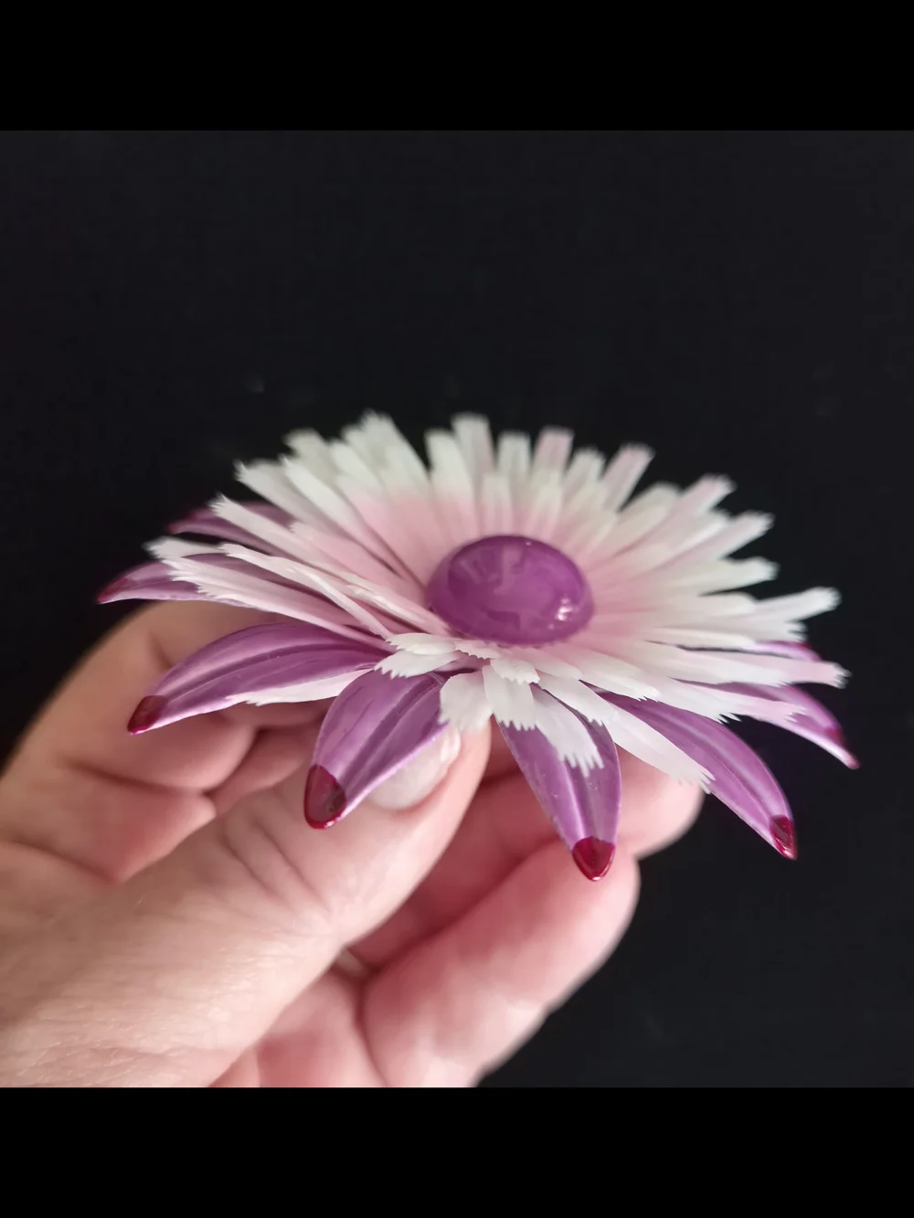 VTG Pink,purple, White Flower Brooch Enamel W/ Spiky Pedals On top